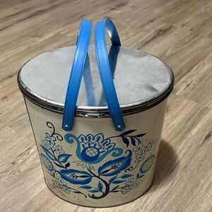 Floral Metal Bucket with Blue Handles